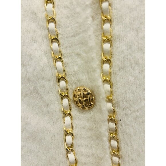 Nanette Lepore Chain Trim Eyelash Cardigan Sweater White Gold Buttons Sz Medium - Picture 3 of 12